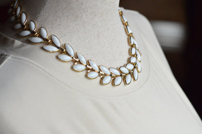 Vintage Trifari Milk Glass Leaf Choker | Hollywood Regency 1950s Signed Jewelry | 15"-17" Adjustable White Marquis Leaf Necklace