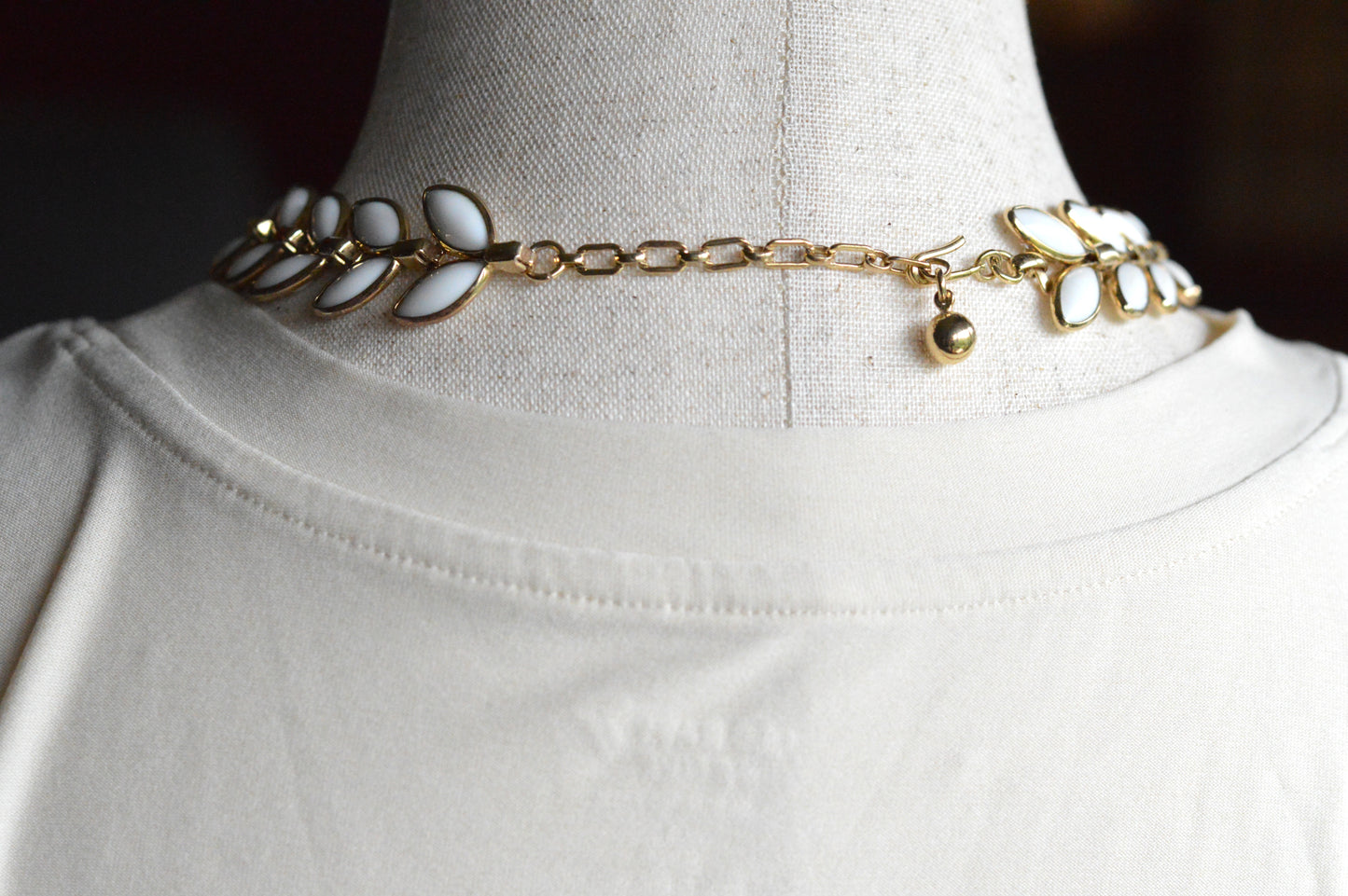 Vintage Trifari Milk Glass Leaf Choker | Hollywood Regency 1950s Signed Jewelry | 15"-17" Adjustable White Marquis Leaf Necklace