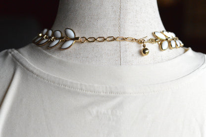 Vintage Trifari Milk Glass Leaf Choker | Hollywood Regency 1950s Signed Jewelry | 15"-17" Adjustable White Marquis Leaf Necklace