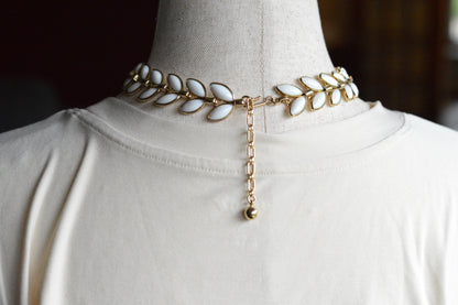 Vintage Trifari Milk Glass Leaf Choker | Hollywood Regency 1950s Signed Jewelry | 15"-17" Adjustable White Marquis Leaf Necklace