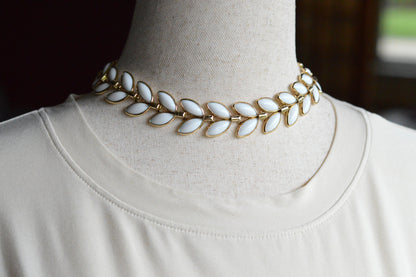 Vintage Trifari Milk Glass Leaf Choker | Hollywood Regency 1950s Signed Jewelry | 15"-17" Adjustable White Marquis Leaf Necklace
