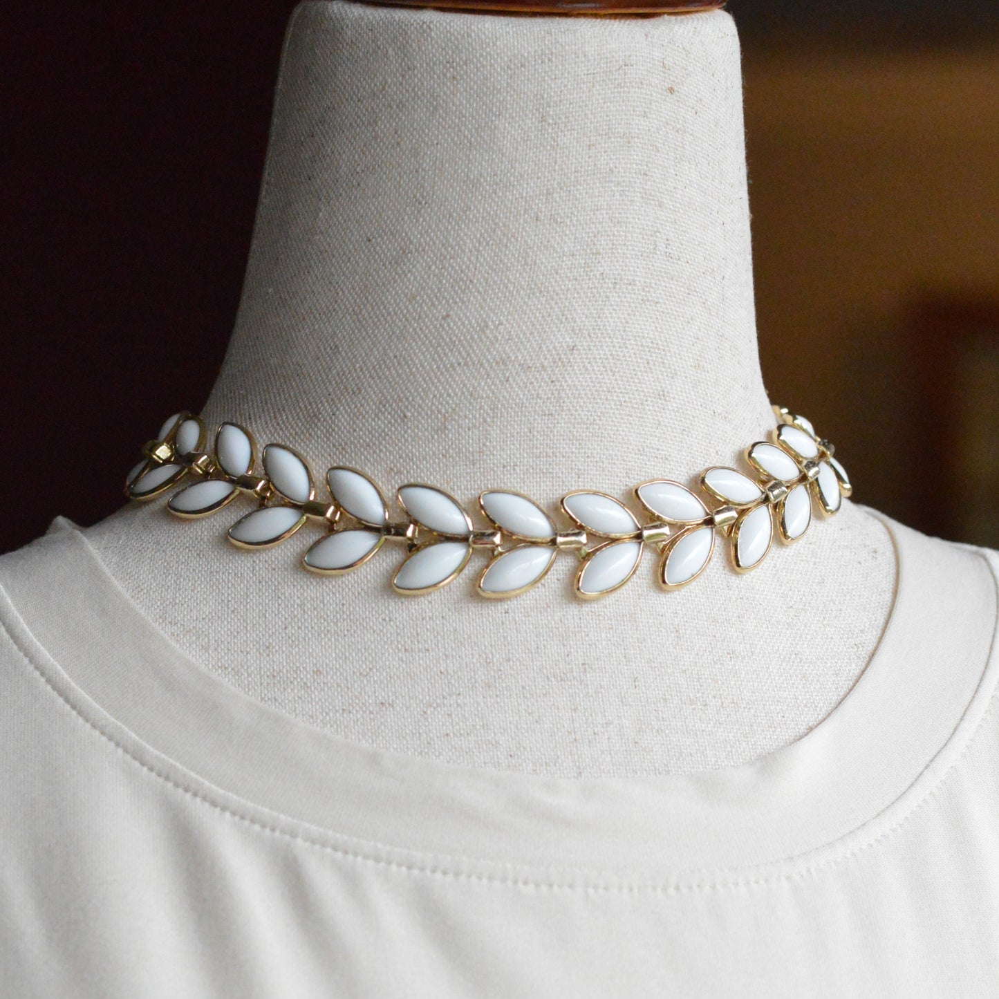 Vintage Trifari Milk Glass Leaf Choker | Hollywood Regency 1950s Signed Jewelry | 15"-17" Adjustable White Marquis Leaf Necklace
