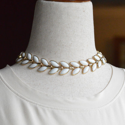 Vintage Trifari Milk Glass Leaf Choker | Hollywood Regency 1950s Signed Jewelry | 15"-17" Adjustable White Marquis Leaf Necklace