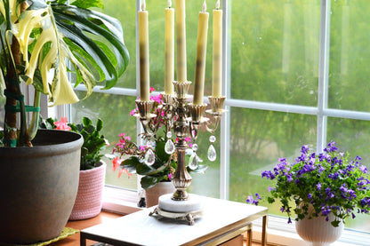 Vintage Antoinette 5-Arm Candelabra | Hollywood Regency Design | Italian Marble Base & Real Glass Crystals | 12.25” Ornate Centerpiece