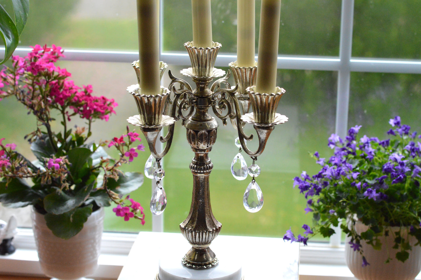 Vintage Antoinette 5-Arm Candelabra | Hollywood Regency Design | Italian Marble Base & Real Glass Crystals | 12.25” Ornate Centerpiece