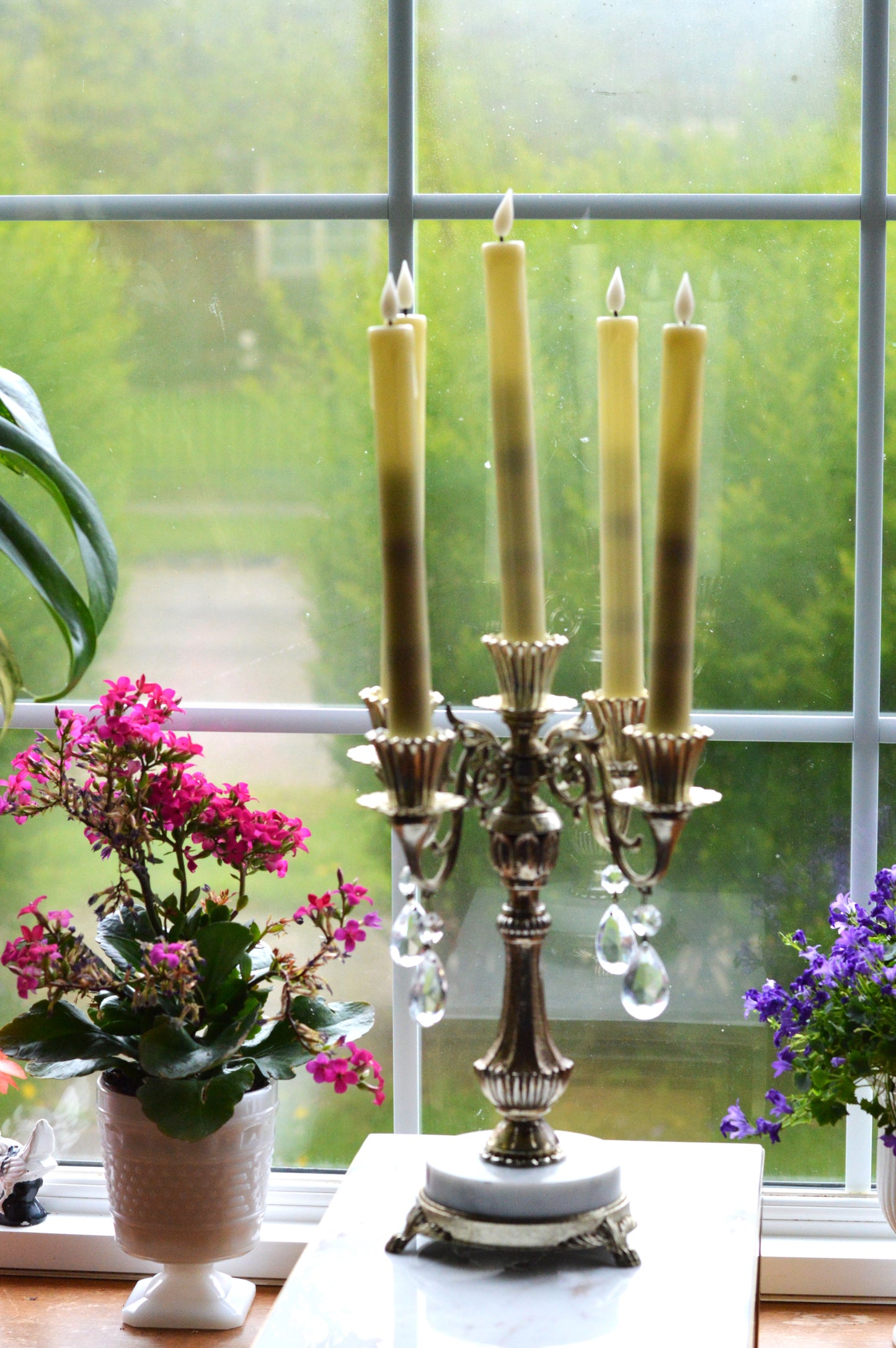 Vintage Antoinette 5-Arm Candelabra | Hollywood Regency Design | Italian Marble Base & Real Glass Crystals | 12.25” Ornate Centerpiece