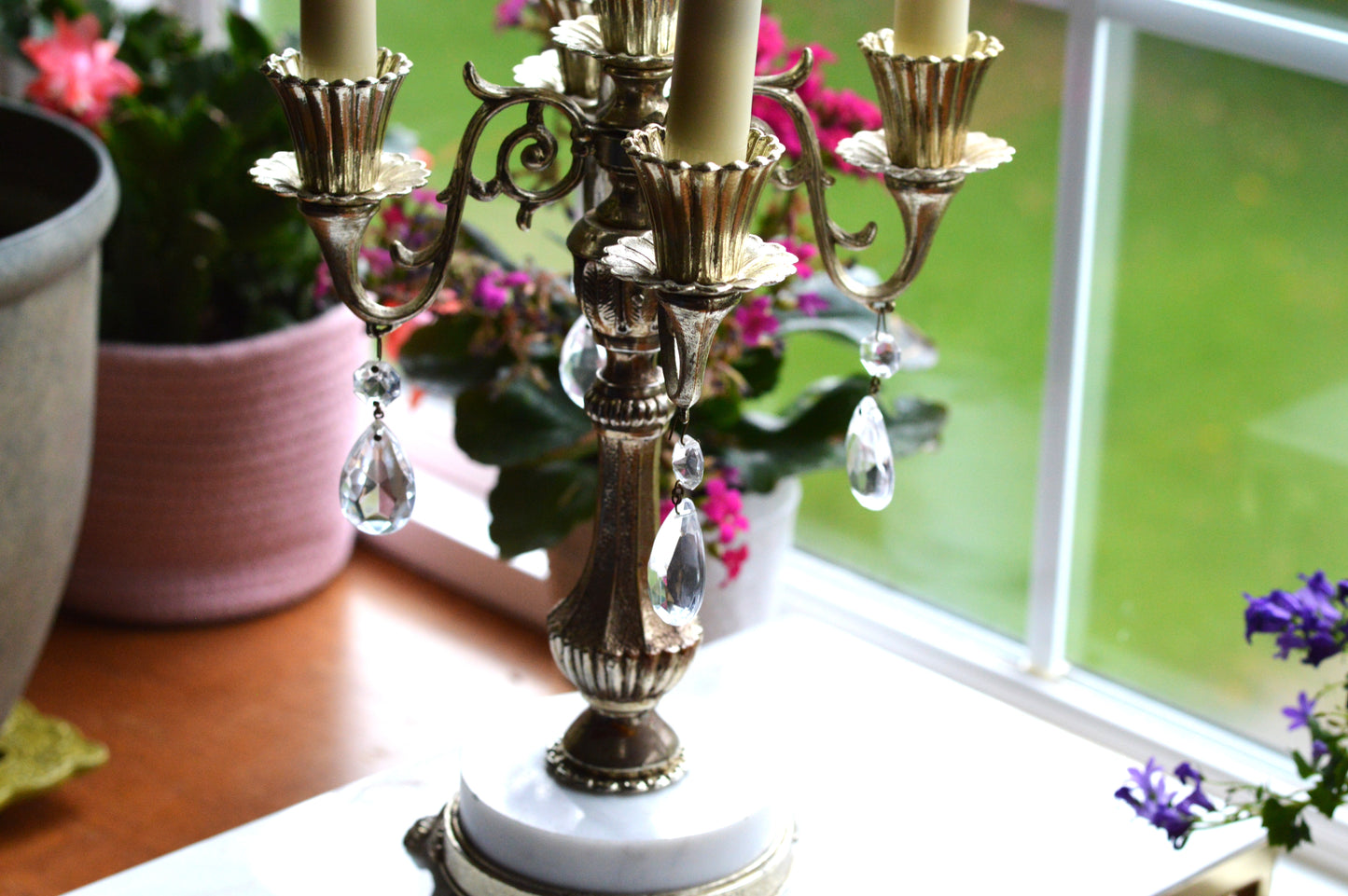 Vintage Antoinette 5-Arm Candelabra | Hollywood Regency Design | Italian Marble Base & Real Glass Crystals | 12.25” Ornate Centerpiece