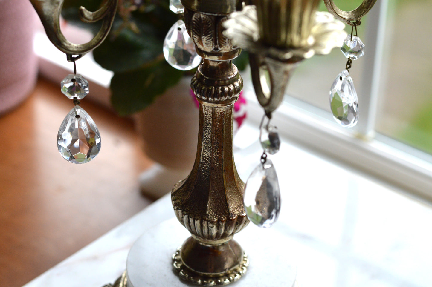 Vintage Antoinette 5-Arm Candelabra | Hollywood Regency Design | Italian Marble Base & Real Glass Crystals | 12.25” Ornate Centerpiece