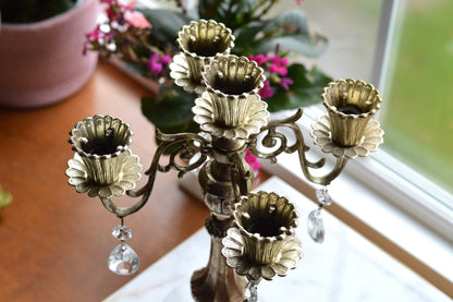 Vintage Antoinette 5-Arm Candelabra | Hollywood Regency Design | Italian Marble Base & Real Glass Crystals | 12.25” Ornate Centerpiece