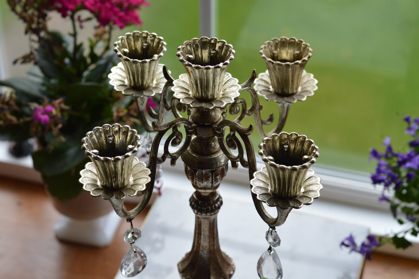 Vintage Antoinette 5-Arm Candelabra | Hollywood Regency Design | Italian Marble Base & Real Glass Crystals | 12.25” Ornate Centerpiece
