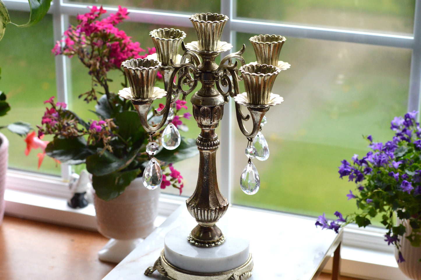 Vintage Antoinette 5-Arm Candelabra | Hollywood Regency Design | Italian Marble Base & Real Glass Crystals | 12.25” Ornate Centerpiece