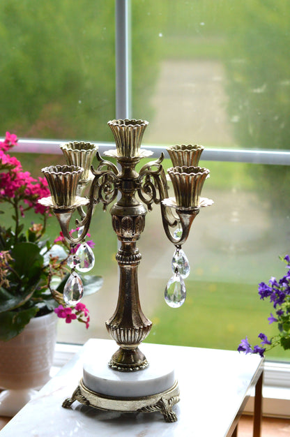 Vintage Antoinette 5-Arm Candelabra | Hollywood Regency Design | Italian Marble Base & Real Glass Crystals | 12.25” Ornate Centerpiece