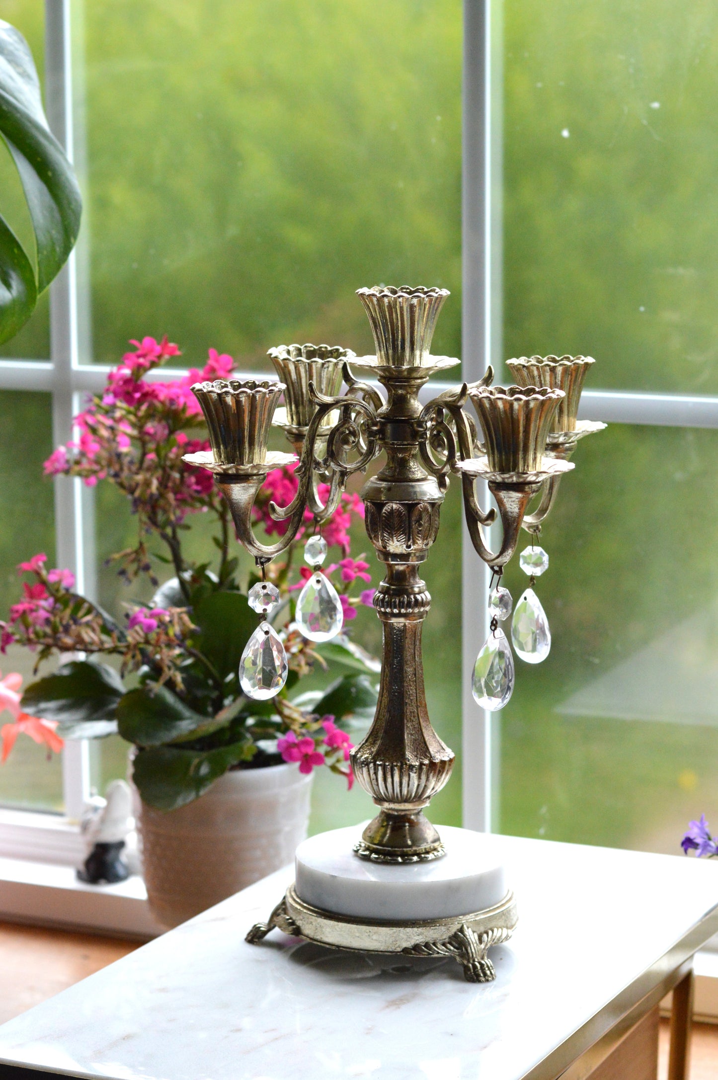 Vintage Antoinette 5-Arm Candelabra | Hollywood Regency Design | Italian Marble Base & Real Glass Crystals | 12.25” Ornate Centerpiece