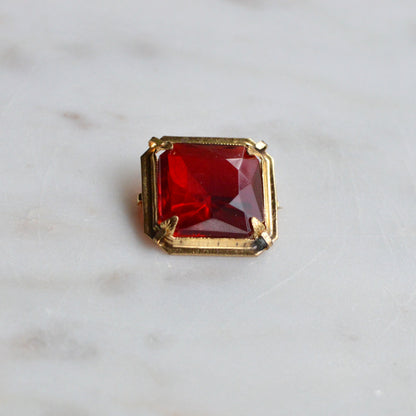 Antique Art Deco 1" Ruby Red Brooch | Large Emerald Cut Glass Stone | Ornate Open Back Gold Tone Statement Pin