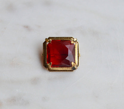Antique Art Deco 1" Ruby Red Brooch | Large Emerald Cut Glass Stone | Ornate Open Back Gold Tone Statement Pin