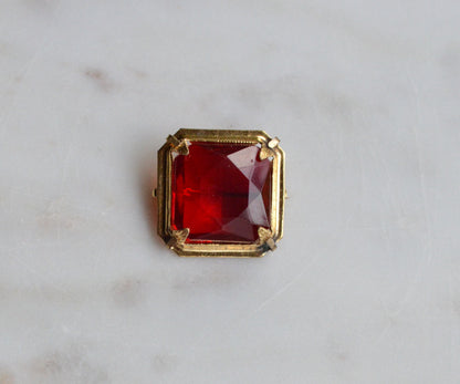 Antique Art Deco 1" Ruby Red Brooch | Large Emerald Cut Glass Stone | Ornate Open Back Gold Tone Statement Pin