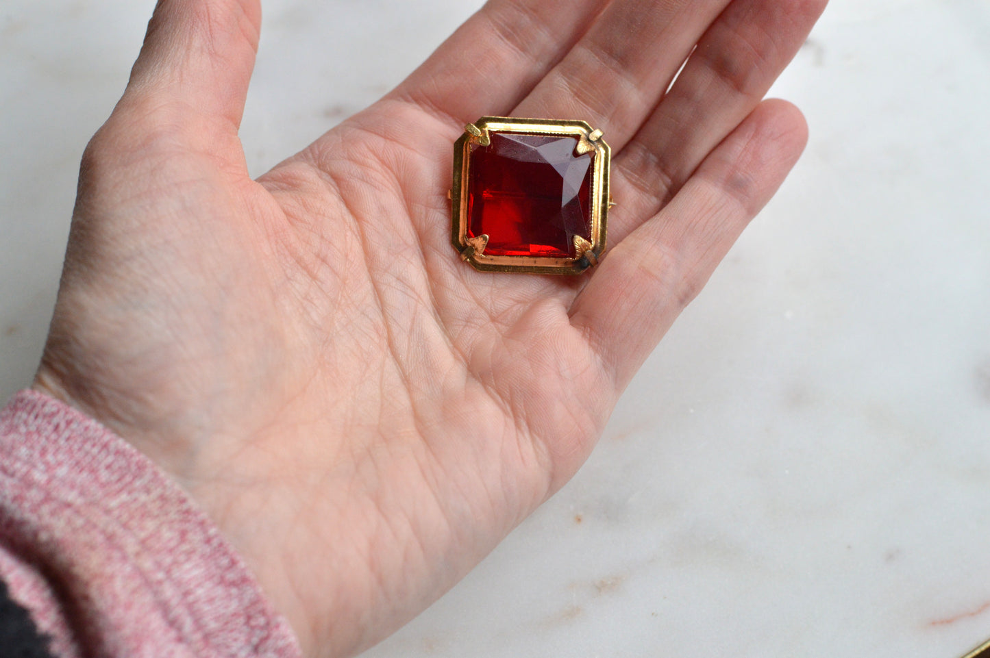 Antique Art Deco 1" Ruby Red Brooch | Large Emerald Cut Glass Stone | Ornate Open Back Gold Tone Statement Pin