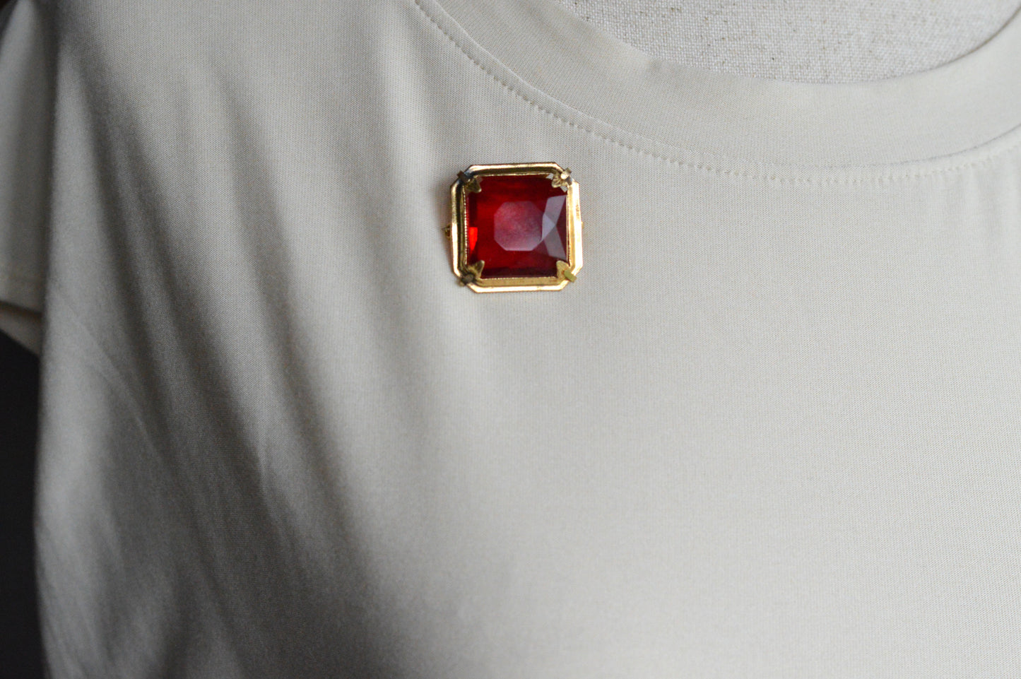 Antique Art Deco 1" Ruby Red Brooch | Large Emerald Cut Glass Stone | Ornate Open Back Gold Tone Statement Pin