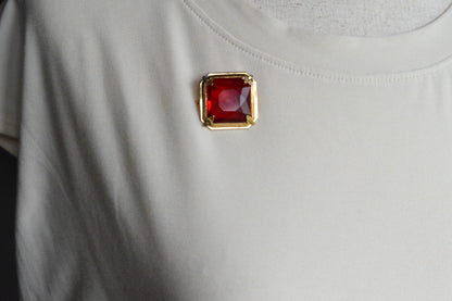 Antique Art Deco 1" Ruby Red Brooch | Large Emerald Cut Glass Stone | Ornate Open Back Gold Tone Statement Pin