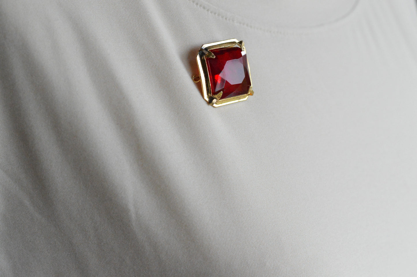 Antique Art Deco 1" Ruby Red Brooch | Large Emerald Cut Glass Stone | Ornate Open Back Gold Tone Statement Pin