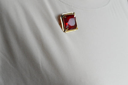 Antique Art Deco 1" Ruby Red Brooch | Large Emerald Cut Glass Stone | Ornate Open Back Gold Tone Statement Pin