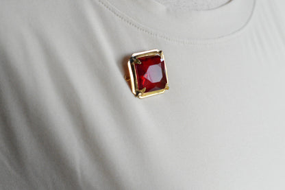 Antique Art Deco 1" Ruby Red Brooch | Large Emerald Cut Glass Stone | Ornate Open Back Gold Tone Statement Pin