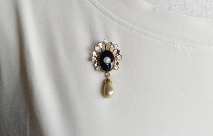 Vintage Van Dell 12K Gold Filled Necklace Set | Onyx & Pearl Pin-Pendant | 16" 1/20 12K G.F. Chain | Victorian Revival