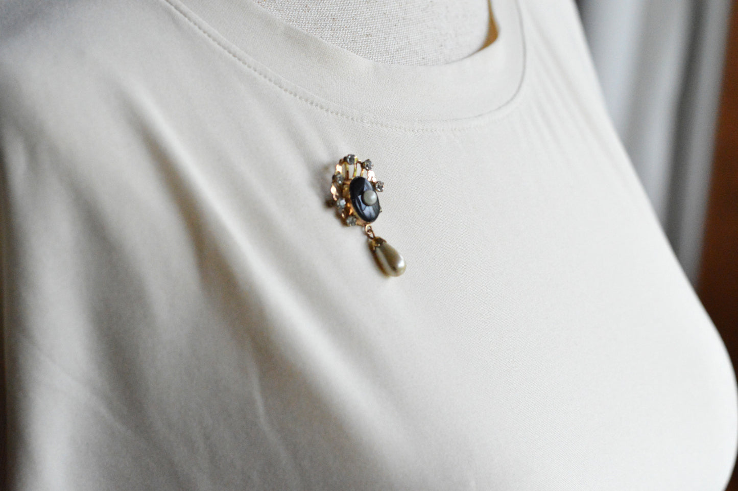 Vintage Van Dell 12K Gold Filled Necklace Set | Onyx & Pearl Pin-Pendant | 16" 1/20 12K G.F. Chain | Victorian Revival