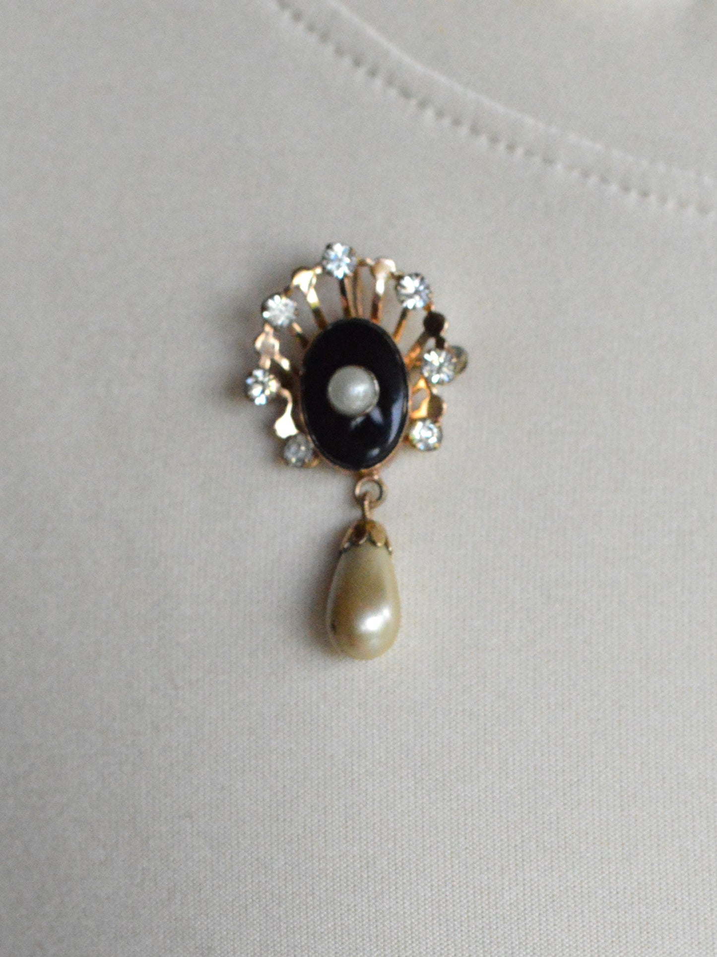 Vintage Van Dell 12K Gold Filled Necklace Set | Onyx & Pearl Pin-Pendant | 16" 1/20 12K G.F. Chain | Victorian Revival