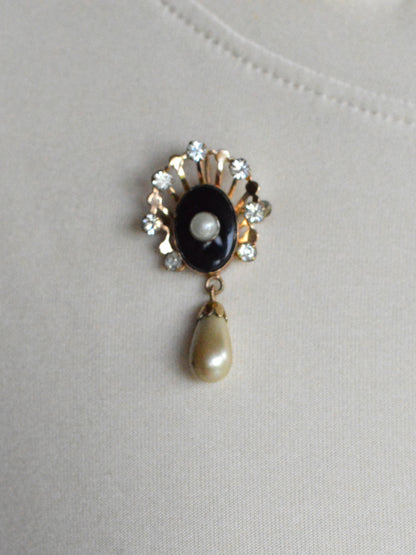 Vintage Van Dell 12K Gold Filled Necklace Set | Onyx & Pearl Pin-Pendant | 16" 1/20 12K G.F. Chain | Victorian Revival