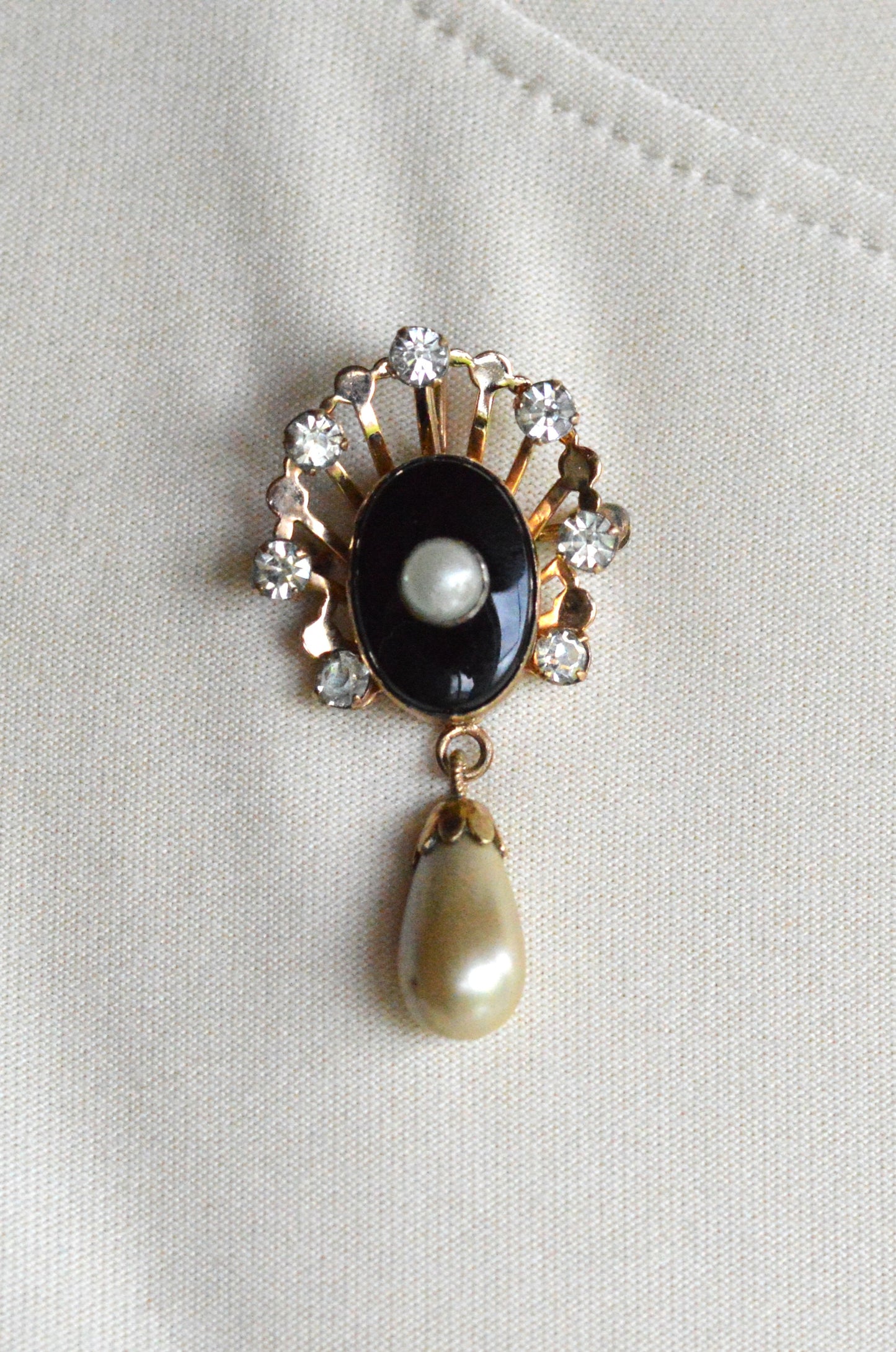 Vintage Van Dell 12K Gold Filled Necklace Set | Onyx & Pearl Pin-Pendant | 16" 1/20 12K G.F. Chain | Victorian Revival