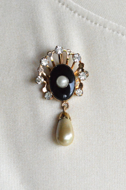 Vintage Van Dell 12K Gold Filled Necklace Set | Onyx & Pearl Pin-Pendant | 16" 1/20 12K G.F. Chain | Victorian Revival
