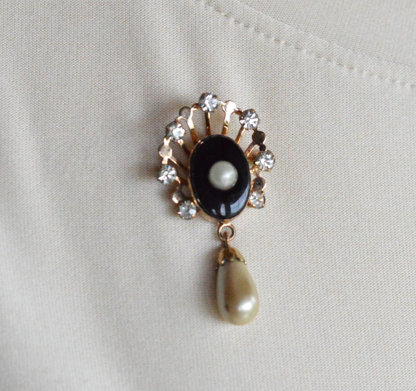 Vintage Van Dell 12K Gold Filled Necklace Set | Onyx & Pearl Pin-Pendant | 16" 1/20 12K G.F. Chain | Victorian Revival