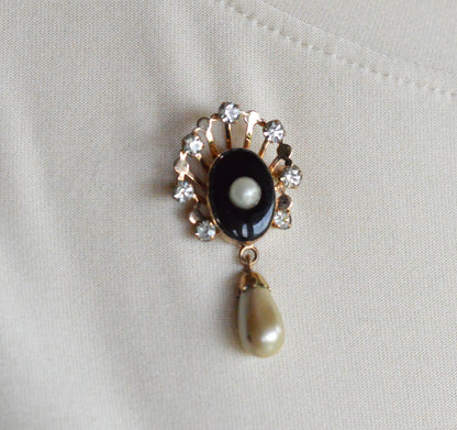 Vintage Van Dell 12K Gold Filled Necklace Set | Onyx & Pearl Pin-Pendant | 16" 1/20 12K G.F. Chain | Victorian Revival