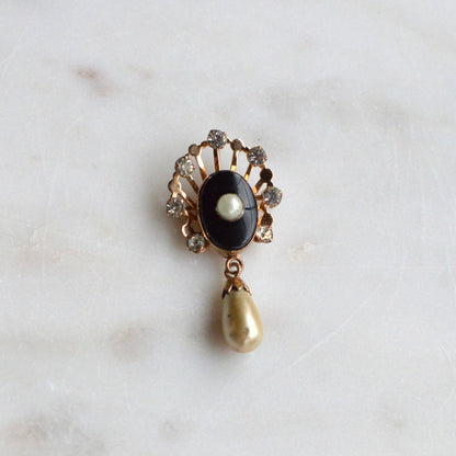 Vintage Van Dell 12K Gold Filled Necklace Set | Onyx & Pearl Pin-Pendant | 16" 1/20 12K G.F. Chain | Victorian Revival