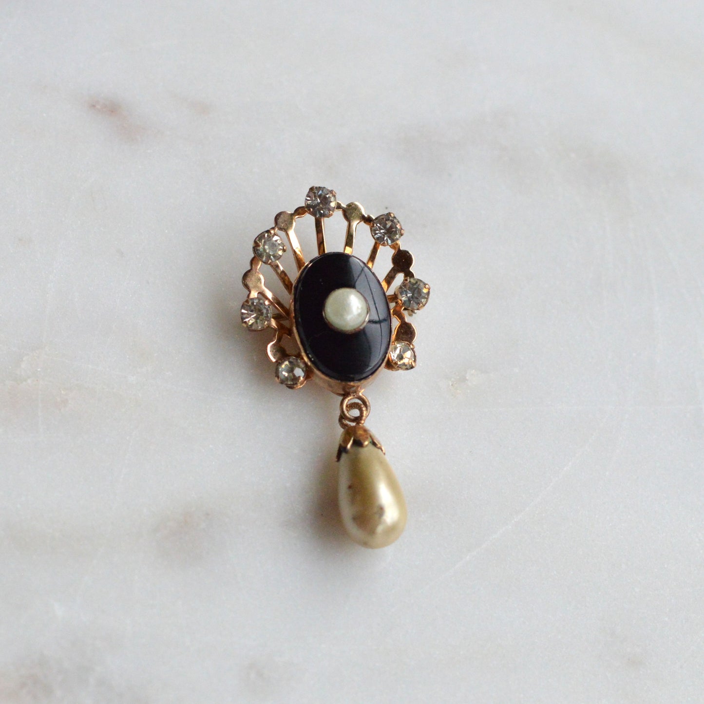 Vintage Van Dell 12K Gold Filled Necklace Set | Onyx & Pearl Pin-Pendant | 16" 1/20 12K G.F. Chain | Victorian Revival