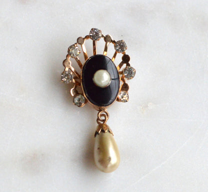 Vintage Van Dell 12K Gold Filled Necklace Set | Onyx & Pearl Pin-Pendant | 16" 1/20 12K G.F. Chain | Victorian Revival
