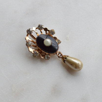 Vintage Van Dell 12K Gold Filled Necklace Set | Onyx & Pearl Pin-Pendant | 16" 1/20 12K G.F. Chain | Victorian Revival