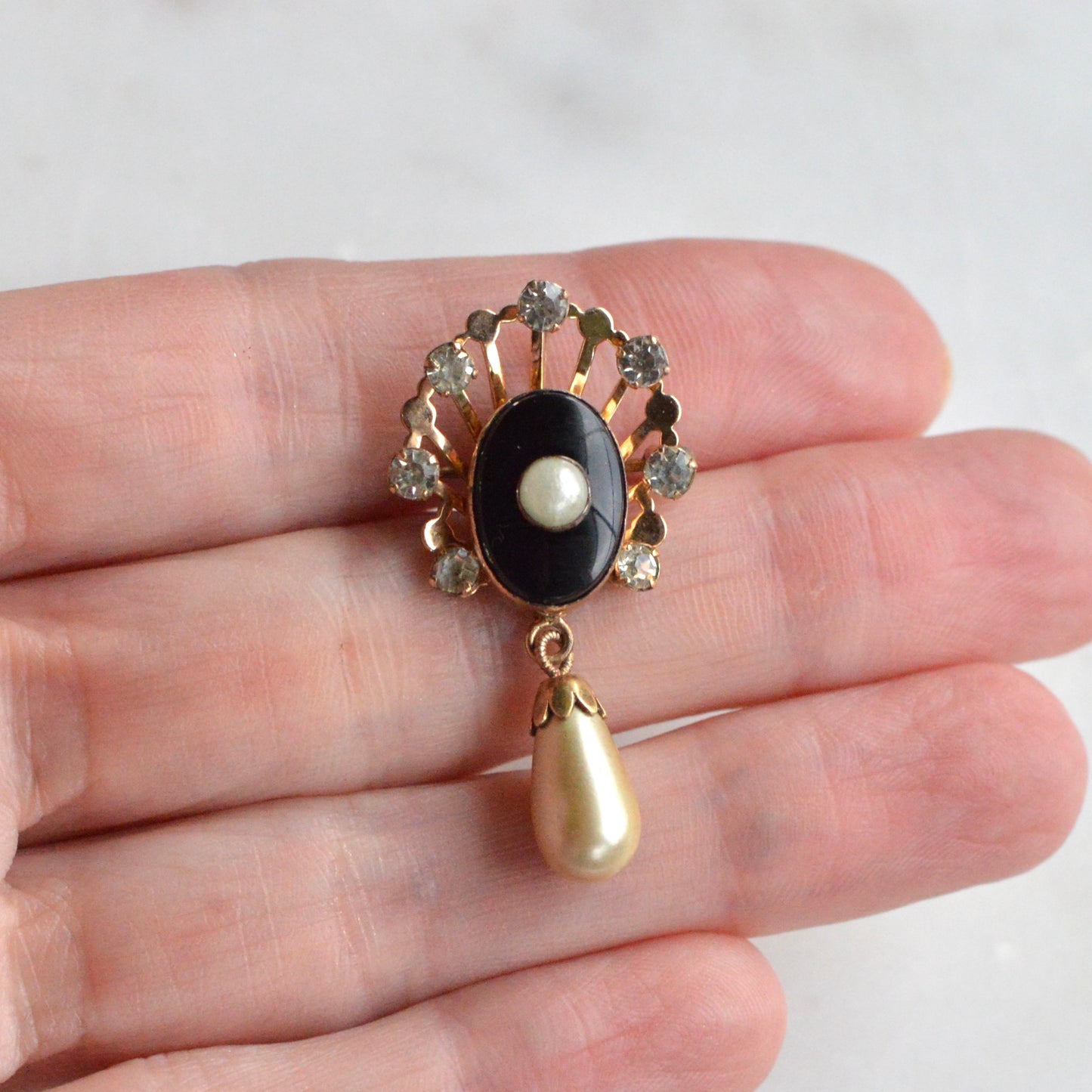 Vintage Van Dell 12K Gold Filled Necklace Set | Onyx & Pearl Pin-Pendant | 16" 1/20 12K G.F. Chain | Victorian Revival
