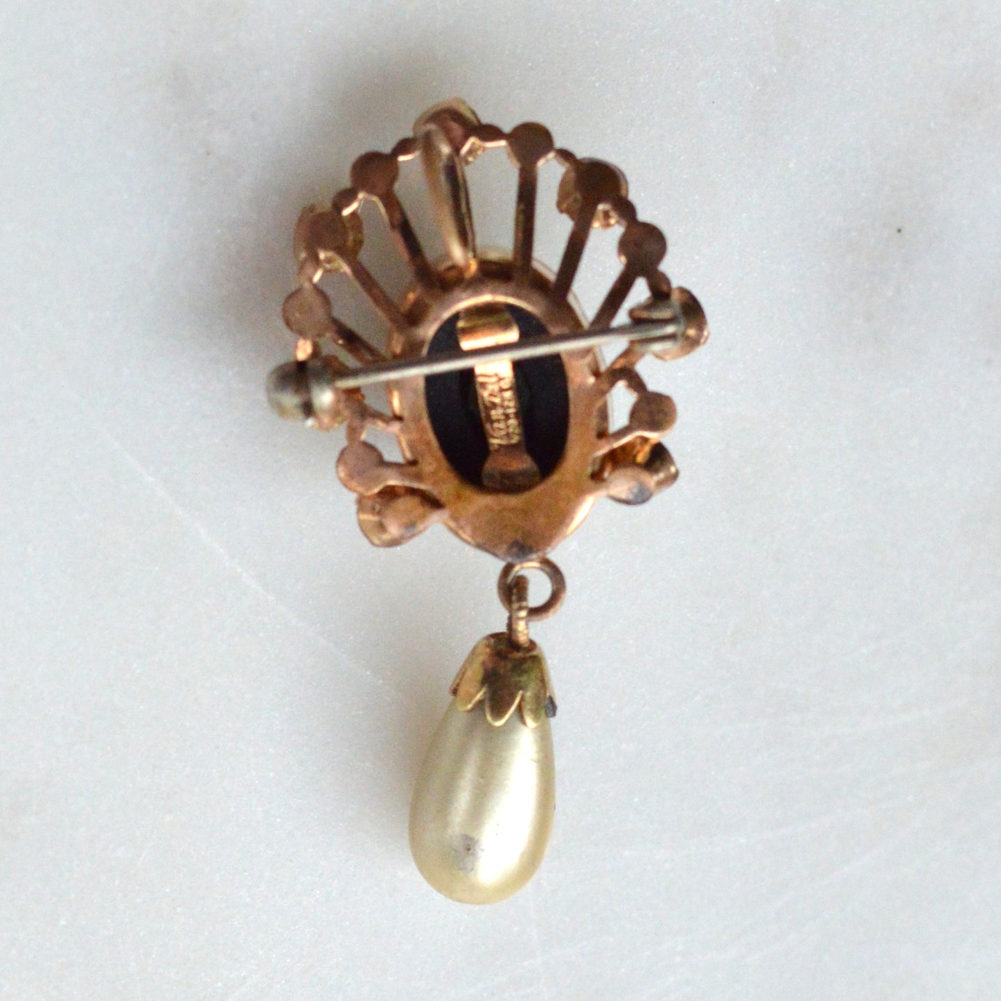 Vintage Van Dell 12K Gold Filled Necklace Set | Onyx & Pearl Pin-Pendant | 16" 1/20 12K G.F. Chain | Victorian Revival