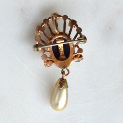 Vintage Van Dell 12K Gold Filled Necklace Set | Onyx & Pearl Pin-Pendant | 16" 1/20 12K G.F. Chain | Victorian Revival