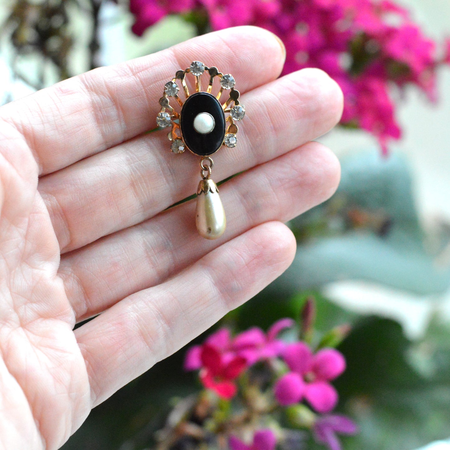 Vintage Van Dell 12K Gold Filled Necklace Set | Onyx & Pearl Pin-Pendant | 16" 1/20 12K G.F. Chain | Victorian Revival