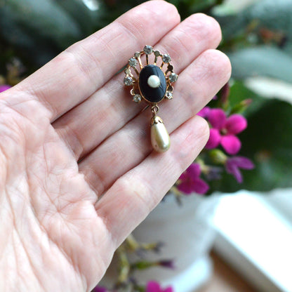 Vintage Van Dell 12K Gold Filled Necklace Set | Onyx & Pearl Pin-Pendant | 16" 1/20 12K G.F. Chain | Victorian Revival