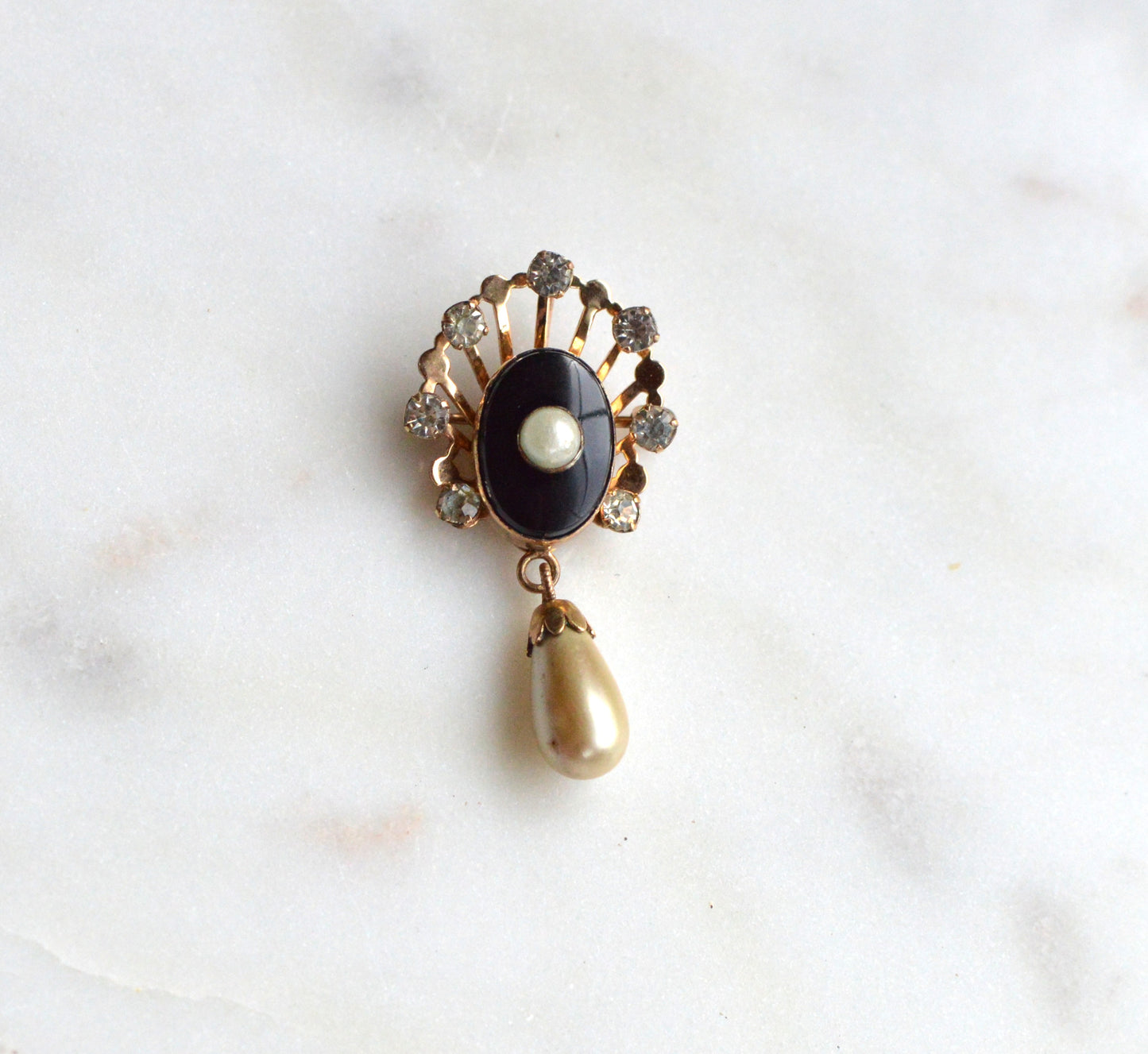 Vintage Van Dell 12K Gold Filled Necklace Set | Onyx & Pearl Pin-Pendant | 16" 1/20 12K G.F. Chain | Victorian Revival