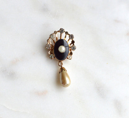 Vintage Van Dell 12K Gold Filled Necklace Set | Onyx & Pearl Pin-Pendant | 16" 1/20 12K G.F. Chain | Victorian Revival