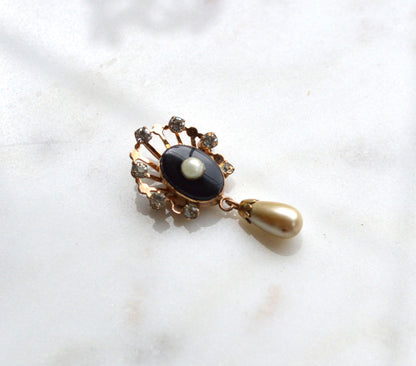 Vintage Van Dell 12K Gold Filled Necklace Set | Onyx & Pearl Pin-Pendant | 16" 1/20 12K G.F. Chain | Victorian Revival