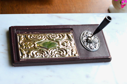 Vintage Sterling Silver & Faux Leather Executive Desk Set – Art Nouveau Filigree Pen Stand & Memo Holder