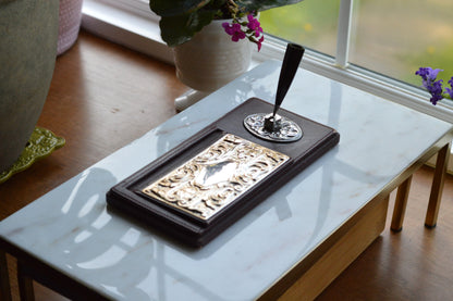 Vintage Sterling Silver & Faux Leather Executive Desk Set – Art Nouveau Filigree Pen Stand & Memo Holder