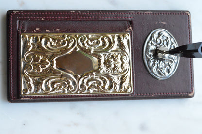 Vintage Sterling Silver & Faux Leather Executive Desk Set – Art Nouveau Filigree Pen Stand & Memo Holder