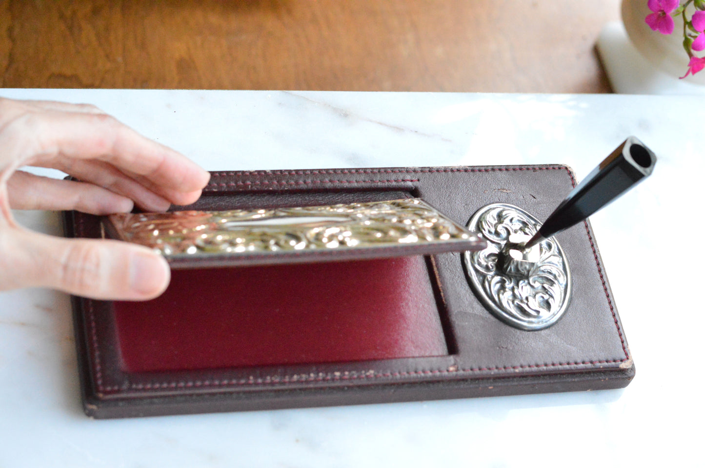 Vintage Sterling Silver & Faux Leather Executive Desk Set – Art Nouveau Filigree Pen Stand & Memo Holder